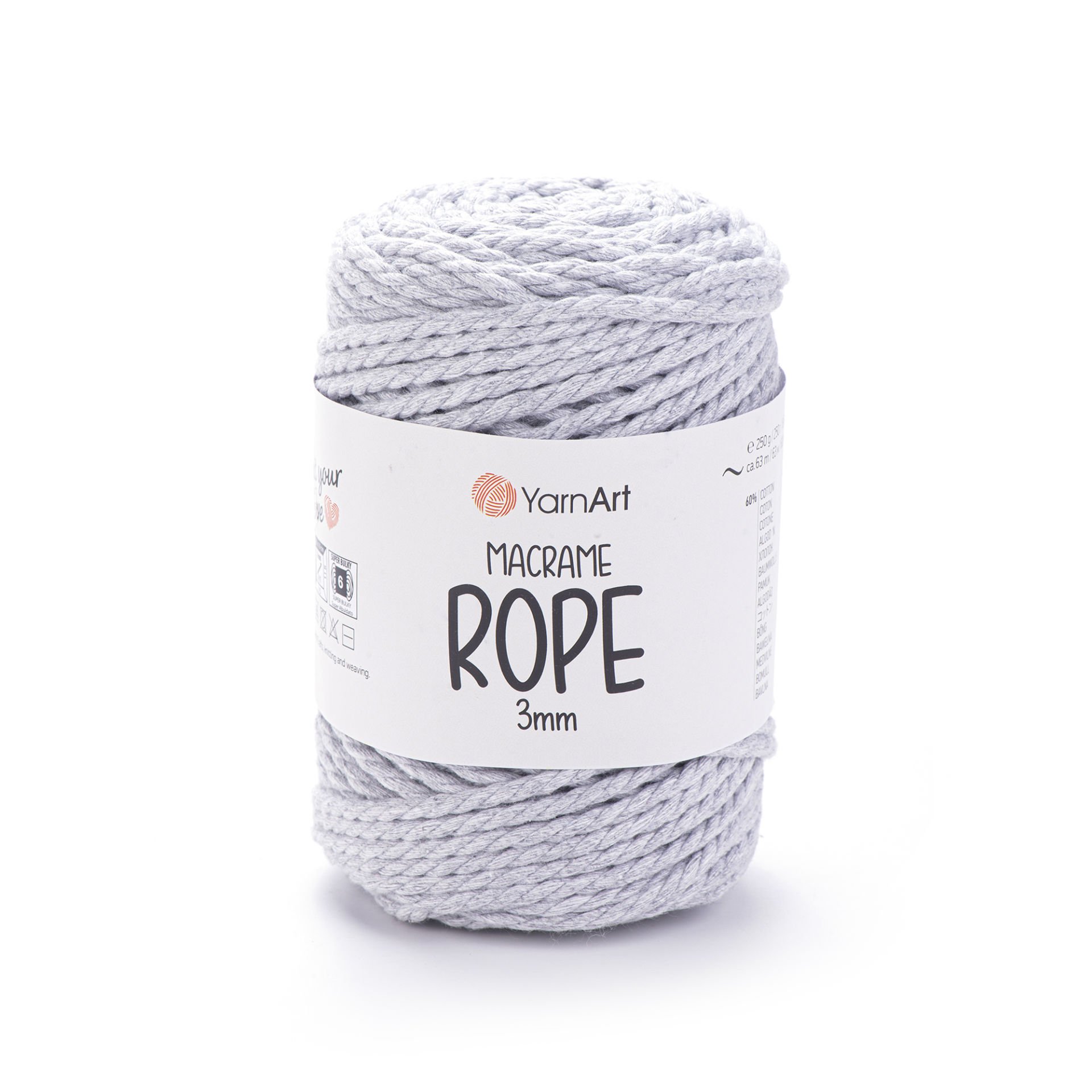 YARNART MACRAME ROPE 3 MM - MACRAME CORD LIGHT GREY - 756