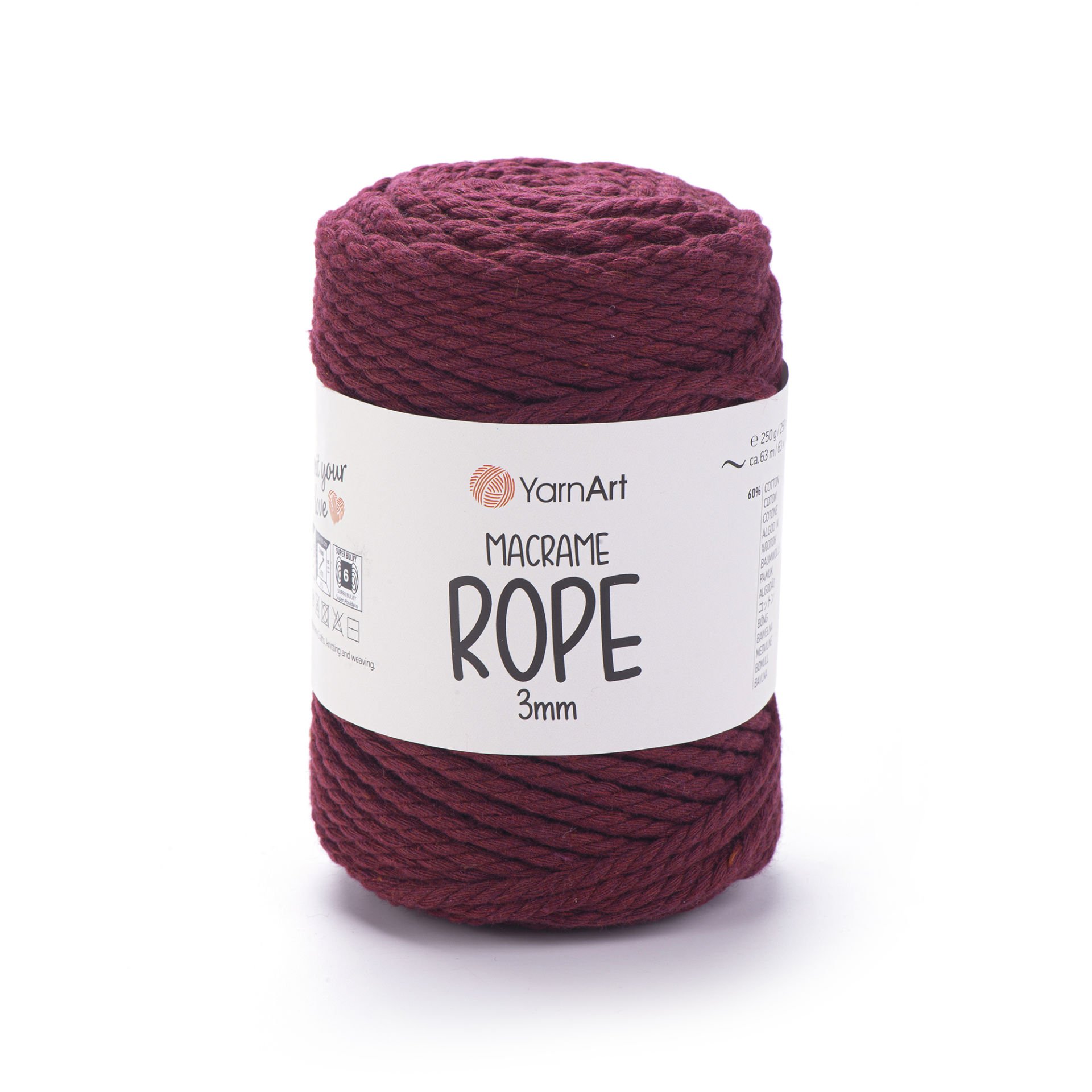 YARNART MACRAME ROPE 3 MM - MACRAME CORD CLARET - 781