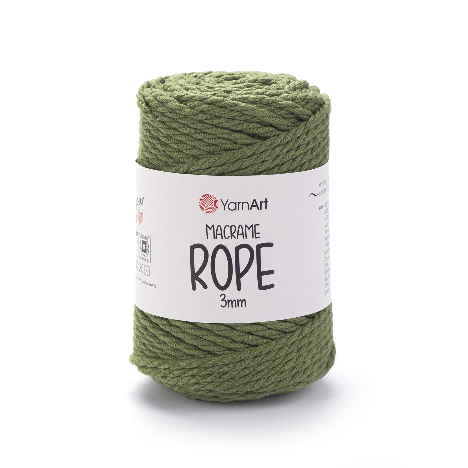 YARNART MACRAME ROPE 3 MM - MACRAME CORD OLIVE GREEN - 787