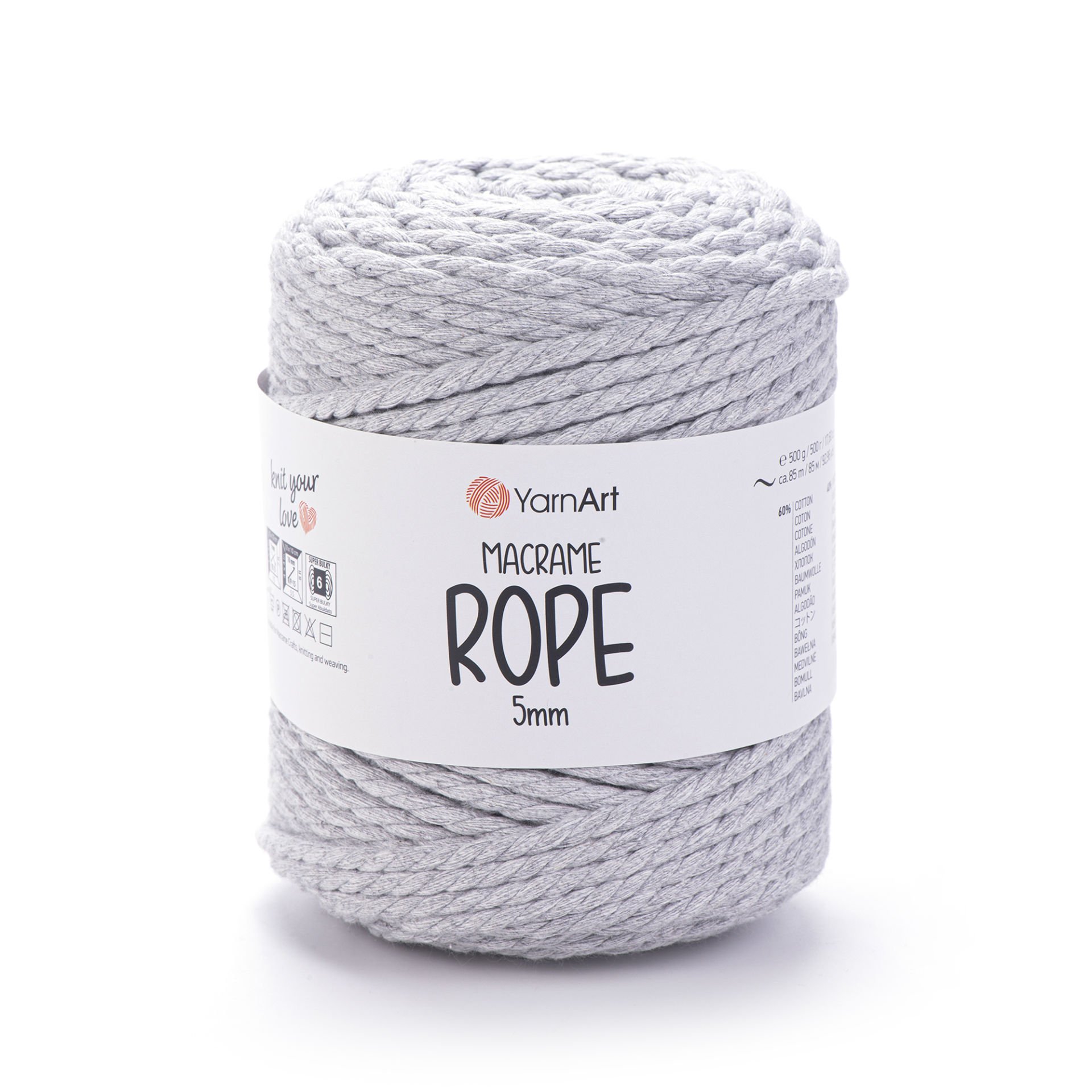 YARNART MACRAME ROPE 5 MM - MACRAME CORD LIGHT GREY - 756