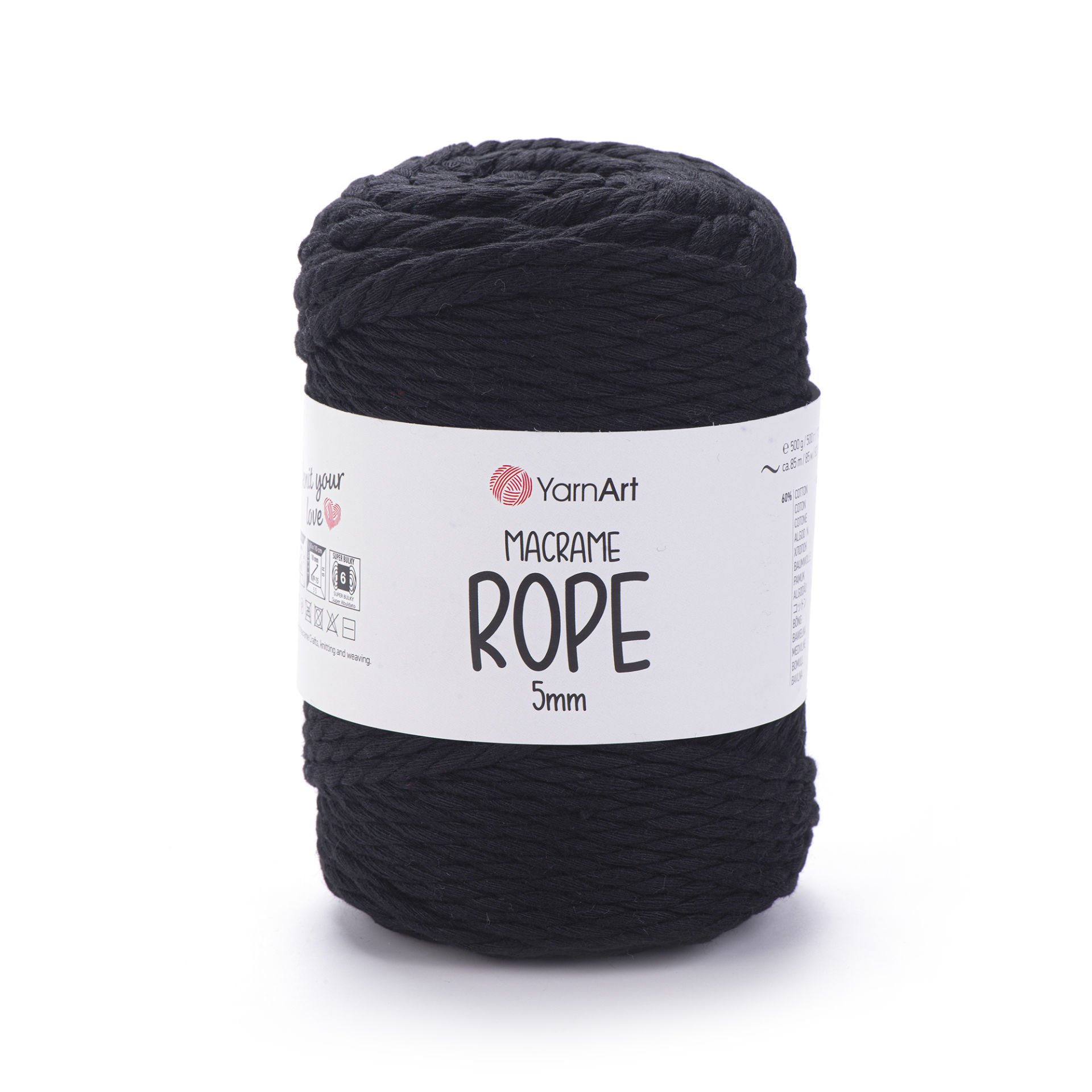 YARNART MACRAME ROPE 5 MM - MACRAME CORD BLACK - 750