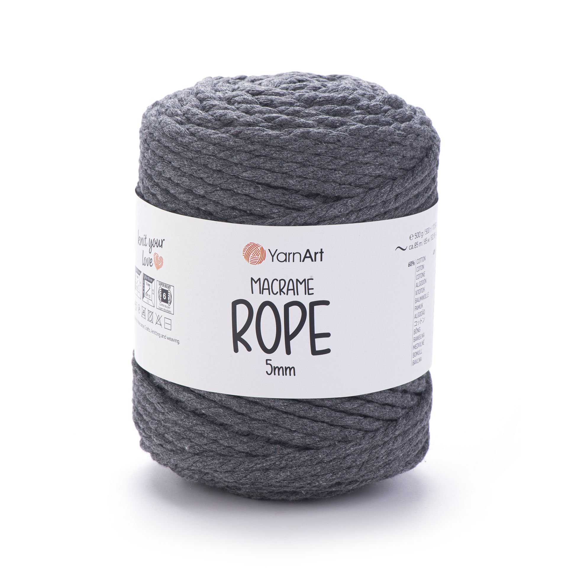 YARNART MACRAME ROPE 5 MM - MACRAME CORD GREY - 758