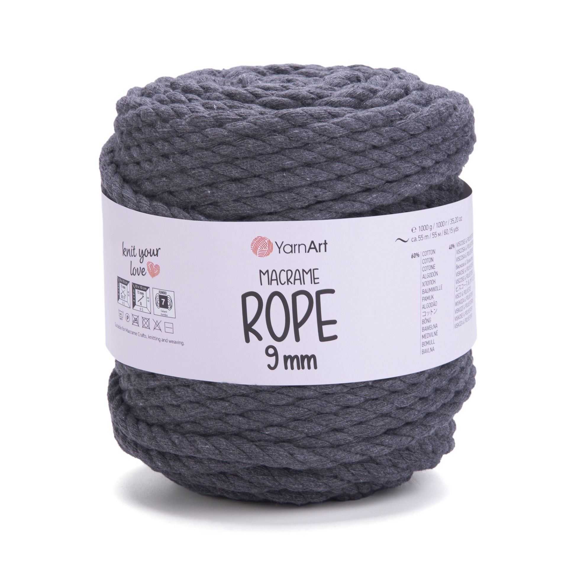 YARNART MACRAME ROPE 9MM - MACRAME CORD DARK GREY - 758