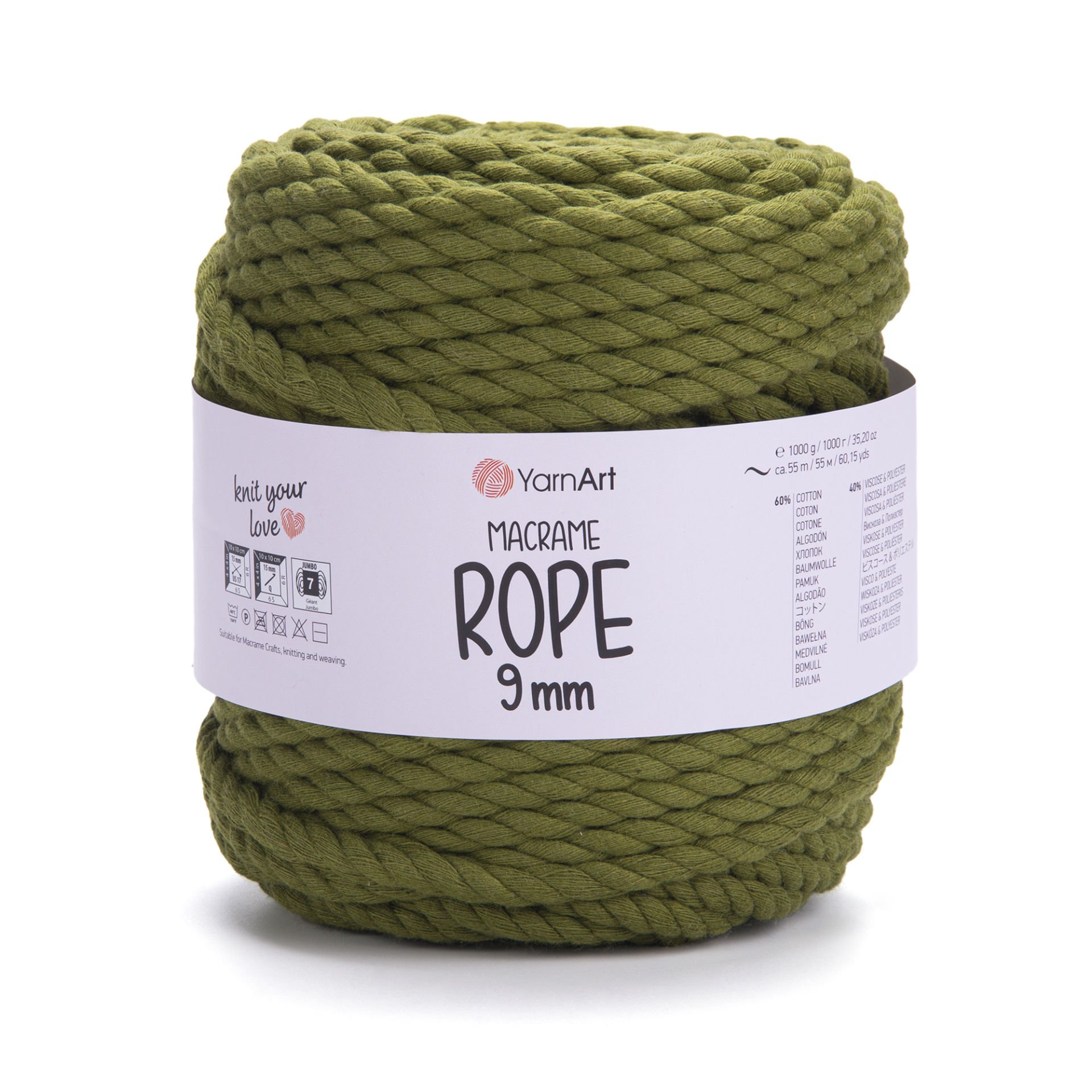 YARNART MACRAME ROPE 9MM - MACRAME CORD GREEN - 787